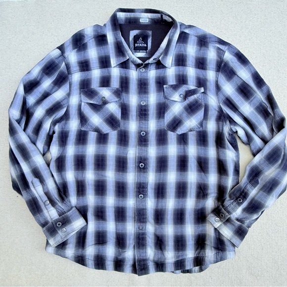 Prana Asylum Checkered Flannel Thermal Long Sleeve Shirt Black White Work XL - Picture 2 of 13